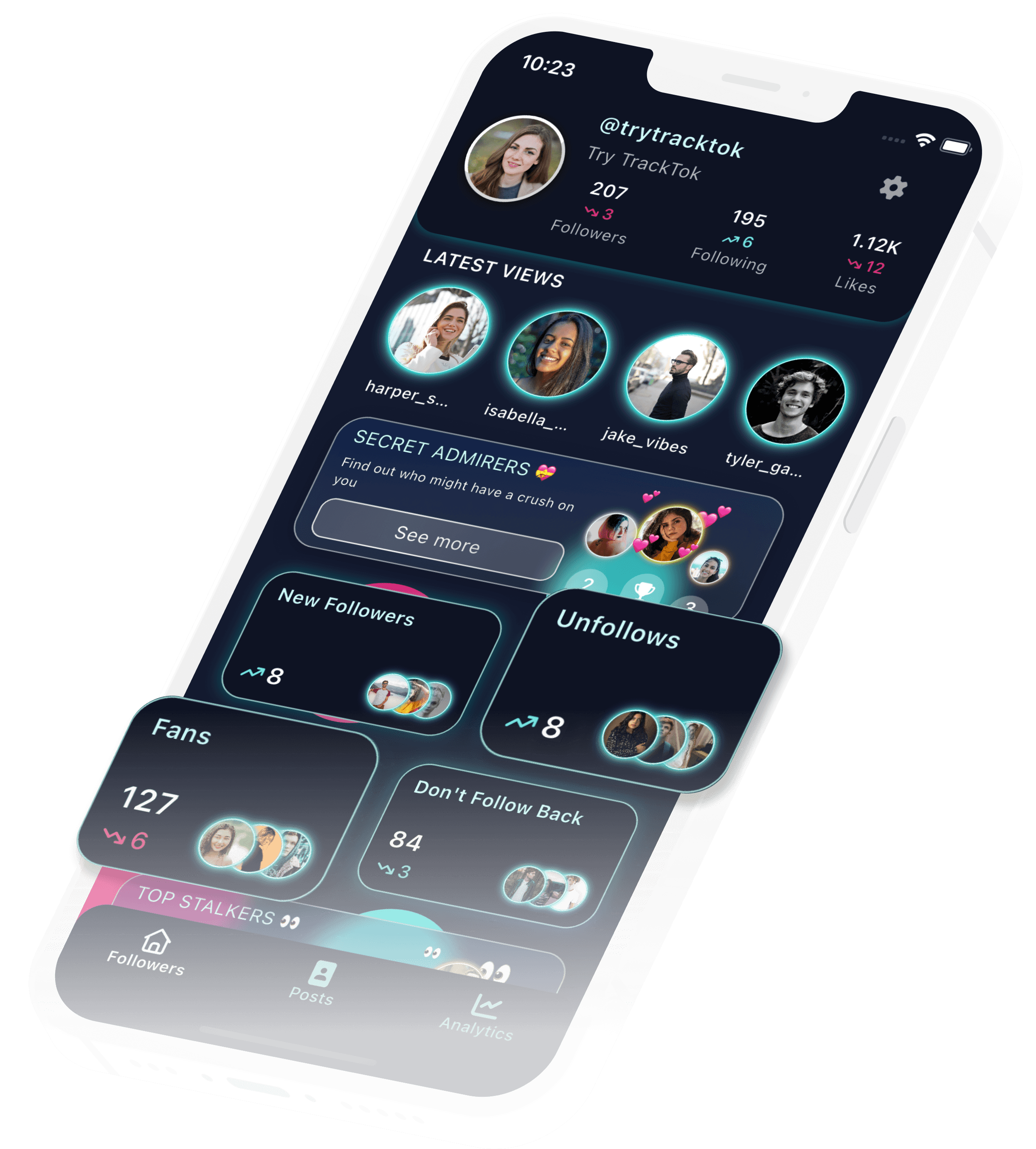 TrackTok analytics dashboard shown on an iPhone